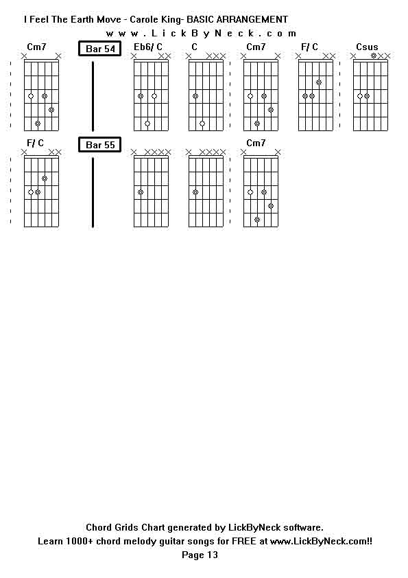 Chord Grids Chart of chord melody fingerstyle guitar song-I Feel The Earth Move - Carole King- BASIC ARRANGEMENT,generated by LickByNeck software.